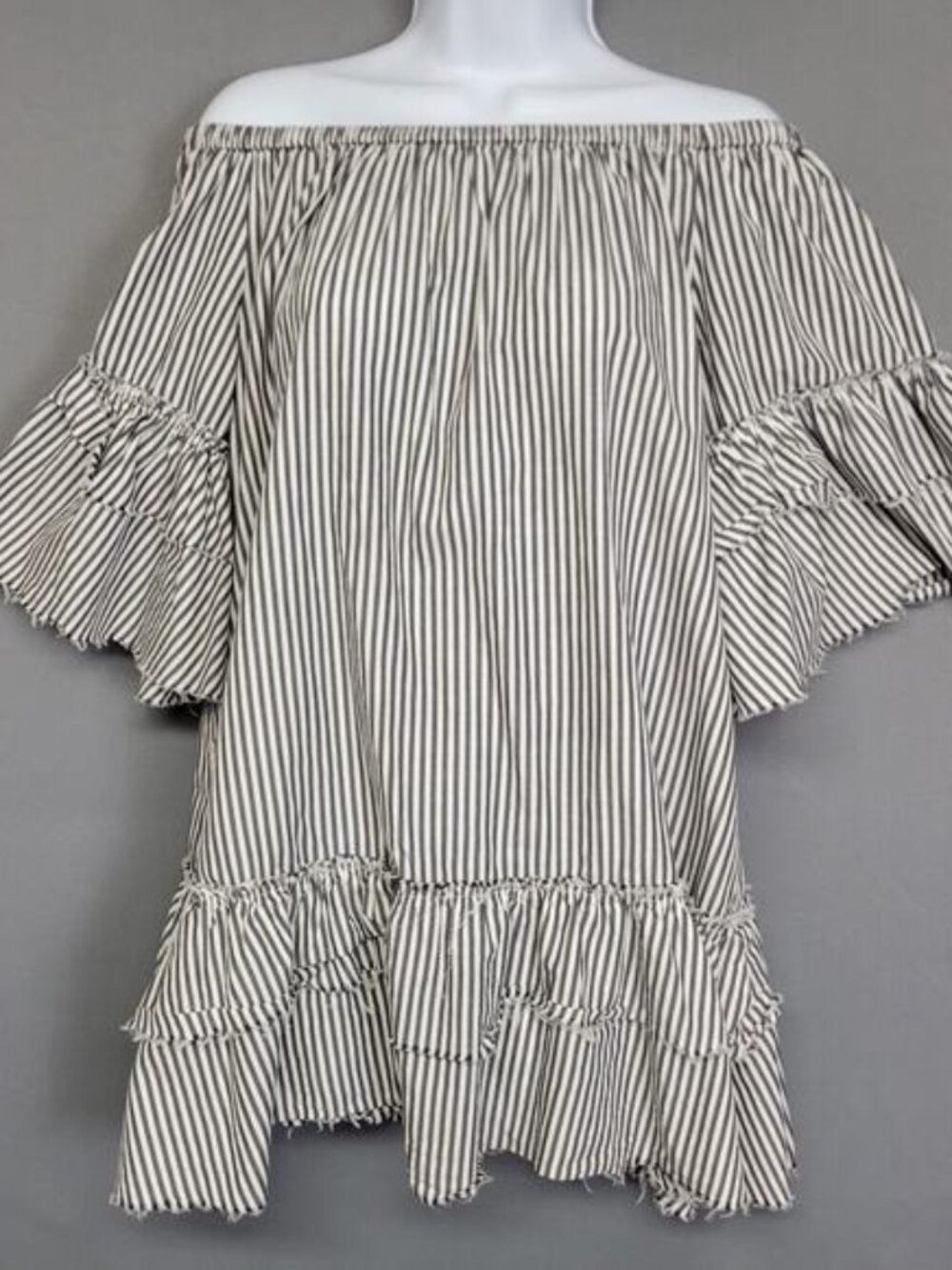 Zara Woman Off The Shoulder Mini Dress Womens Small Gray White Striped Raw Edges